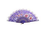 Chinese Style D Ring Detail Ribs Floral Pattern Folding Hand Fan Purple