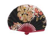 Chinese Style Summer Cool Bamboo Rib Floral Hand Fan Black Gold Tone