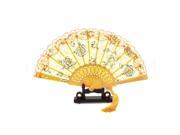 Unique Bargains Floral Print Lace Edge Chinese Knot Folding Hand Fan Yellow w Holder
