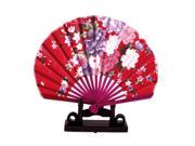 Unique Bargains Chinese Bamboo Wood Peony Pattern Folding Hand Fan w Display Holder