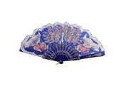 Chinese Style D Ring Detail Ribs Peacock Pattern Folded Hand Fan Blue