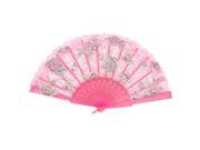 Unique Bargains Chinese Rose Pattern Dancing Wedding Party Fabric Folding Hand Fan Pink