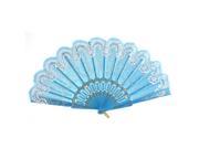 Glitter Flower Pattern Plastic Ribs Folding Hand Fan Blue White