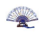 Floral Print Lace Edge Chinese Knot Folding Hand Fan w Holder