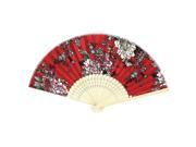 Beige Bamboo Ribs Collapsible Multicolors Flowers Print Red Cloth Hand Fan