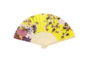 Beige Bamboo Ribs Collapsible Multicolors Flowers Print Yellow Cloth Hand Fan