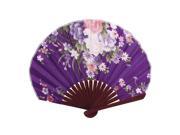 Party Decor Bamboo Frame Fabric Blooming Floral Pattern Folding Hand Fan Purple