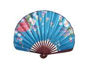 Unique Bargains Pink Red Flower Print Blue Nylon Cloth Bamboo Frame Folded Fan