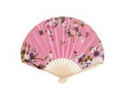 Unique Bargains Blooming Flowers Pattern Bamboo Handle Ribs Foldable Hand Fan Green Pink
