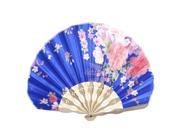 Chrysanthemum Pattern Wood Ribs Foldable Portable Hand Fan Blue for Women