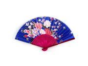 Fuchsia Bamboo Ribs Foldable Multicolors Flowers Print Dark Blue Cloth Hand Fan