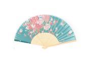 Chinese Style Bamboo Ribs Fabric Flower Print Folding Hand Fan Teal