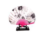 Unique Bargains Fushcia Chinese Bamboo Wood Folding Hand Fan w Display Holder