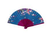 Fuchsia Bamboo Ribs Collapsible Multicolors Flowers Print Blue Cloth Hand Fan