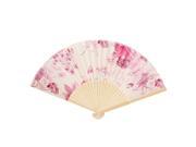 Chinese Style Bamboo Frame Pink Flower Print Folding Hand Fan White 37cm