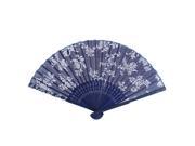 Flowers Printed Bamboo Rib Foldable Summer Hand Fan Dark Blue White