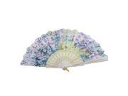 Silver Tone Glittery Powder Accent Chinese Style Flower Print Foldable Hand Fan