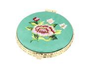 Silk Embroidery Round Shape Folding Pocket Makeup Cosmetic Mirror Turquoise