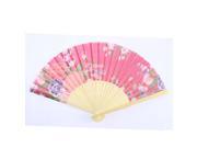 Chrysanthemum Pattern Wood Rib Foldable Summer Hand Fan Fuchsia Beige