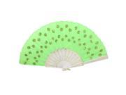 Unique Bargains Embroidered Sequin Flower Decor Plastic Ribs Hand Fan Green