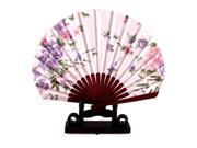 Unique Bargains Chinese Bamboo Light Pink Floral Folding Hand Fan w Display Holder