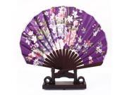 Chinese Wedding Party Peony Print Wood Folding Hand Fan Purple Pink w Holder