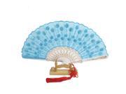 Chinese Knot Sequins Decor Plastic Ribs Folding Hand Fan Blue w Wood Base