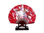 Unique Bargains Chinese Bamboo Red Floral Folding Hand Fan w Display Holder