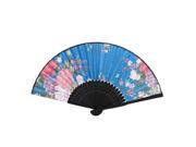 Black Bamboo Ribs Foldable Multicolors Flowers Print Blue Cloth Hand Fan
