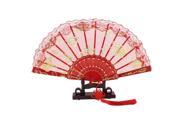 Unique Bargains Glittery Powder Floral Print Lace Edge Chinese Knot Hand Fan w Holder