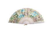 Hanging D Ring Glittery Powder Accent Floral Print Dancing Hand Fan Gold Tone