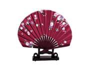 Unique Bargains Daisy Flower Design Burgundy Chinese Fabric Folding Hand Fan w Display Holder