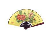Unique Bargains Bamboo Handle Peony Chinese Doggerel Print Folding Hand Fan 47cm Width Yellow