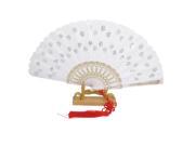 Unique Bargains Chinese Knot Sequins Decor Plastic Ribs Folding Hand Fan White w Wood Base