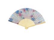 Red Blue Flower Printed Bamboo Hollow Handle Foldable Hand Fan