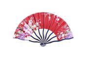 Unique Bargains Bamboo Non slip Handle Nylon Flowers Printed Foldable Hand Fan Red