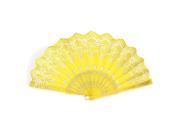 Unique Bargains Women Plastic Frame Wavy Edge Flower Printed Dancing Folding Hand Fan Yellow