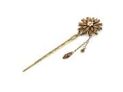Lady Women Rhinestone Flower Hair Stick Pin Hairpin Khaki Gold Tone