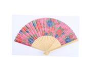 Booming Flower Pattern Wood Rib Foldable Summer Hand Fan Fuchsia Beige