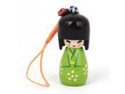 Green Wooden Japanese Kokeshi Doll Bells Hanging Cell Phone Strap