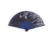 Bamboo Handle Flowers Butterfly Ripple Print Fabric Foldable Craft Hand Fan Blue