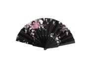 Wedding Party Floral Pattern Plastic Frame Fabric Cover Foldable Hand Fan Black