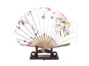 Chinese Painting Peony Orchid Bamboo Folding Hand Fan White w Display Holder