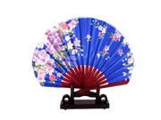 Unique Bargains Chinese Bamboo Dark Blue Floral Folding Hand Fan w Display Holder