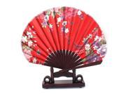 Unique Bargains Chinese Wedding Party Foral Wood Folding Hand Fan Coffee Color Red w Holder