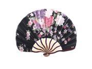 Unique Bargains Classic Style Colorful Peony Flower Fabric Bamboo Folding Hand Fan Decor Black