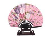 Chinese Style Floral Pattern Pink Fabric Cloth Folding Hand Fan w Display Holder