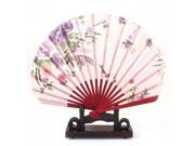 Unique Bargains Chinese Wedding Favor Lavender Floral Wood Folding Hand Fan w Display Holder