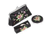 Unique Bargains 3 Pcs Handbag Wallet w Round Mirror w Lipstick Holder Case Black for Ladies