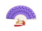 Unique Bargains Chinese Knot Sequins Decor Plastic Ribs Folding Hand Fan Purple w Wood Base